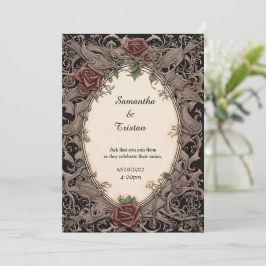 Filigree Leaf Lijst en Rozen Gothic Bruiloft Kaart (Staand voorkant)