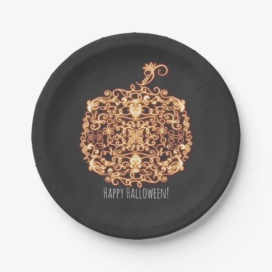 Filigree Sinaasappel Ggloed Pumpkin Halloween Part Papieren Bordje (Voorkant)