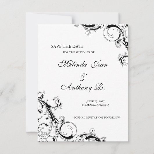Filigree Swirl Black met White Save the Date (Voorkant)