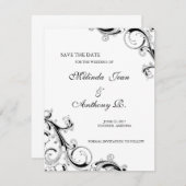 Filigree Swirl Black met White Save the Date (Voorkant / Achterkant)