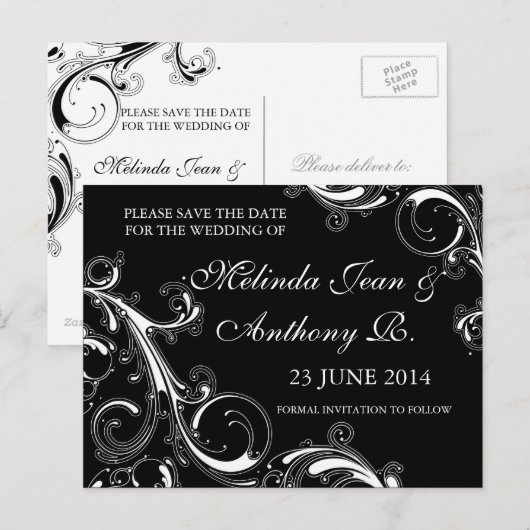 Filigree Swirl Black met White Save the Date Aankondigingskaart (Voorkant / Achterkant)