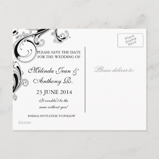 Filigree Swirl Black met White Save the Date Aankondigingskaart (Achterkant)