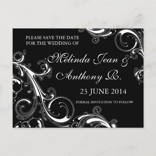 Filigree Swirl Black met White Save the Date Aankondigingskaart (Voorkant)