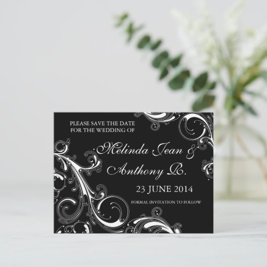 Filigree Swirl Black met White Save the Date Aankondigingskaart (Staand voorkant)