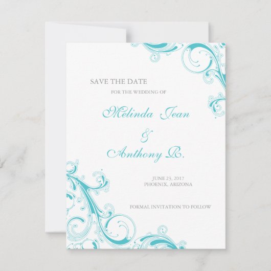 Filigree Swirl Blue Curacao Save the Date (Voorkant)