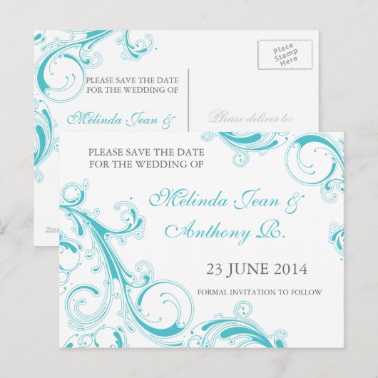 Filigree Swirl Blue Curacao Save the Date Aankondigingskaart (Voorkant / Achterkant)