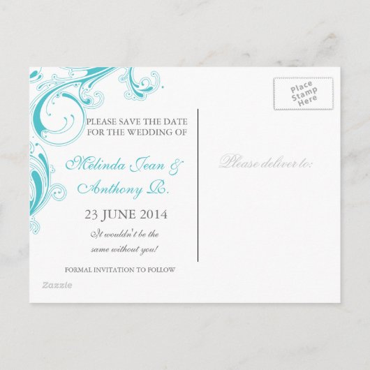 Filigree Swirl Blue Curacao Save the Date Aankondigingskaart (Achterkant)