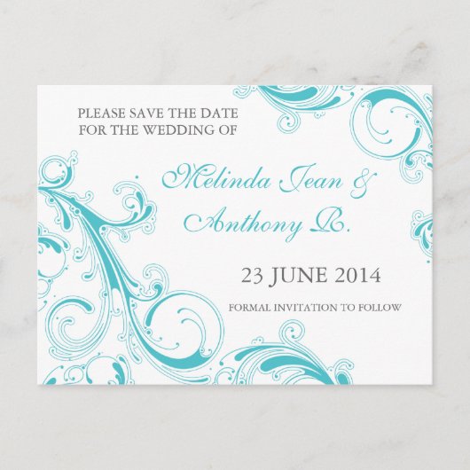 Filigree Swirl Blue Curacao Save the Date Aankondigingskaart (Voorkant)