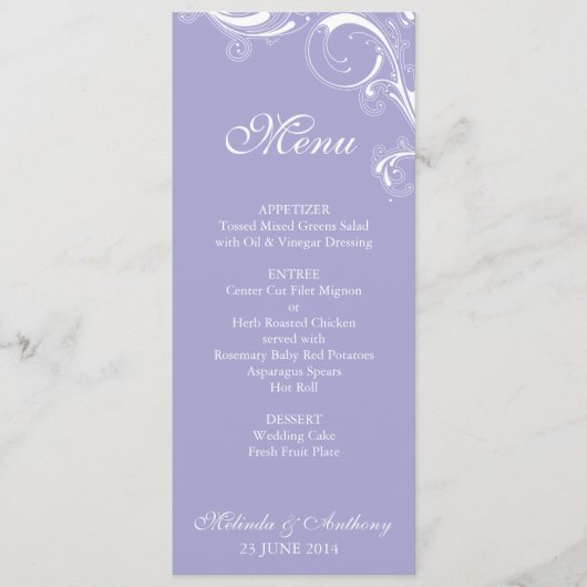 Filigree Swirl Lavender Menu (Voorkant)
