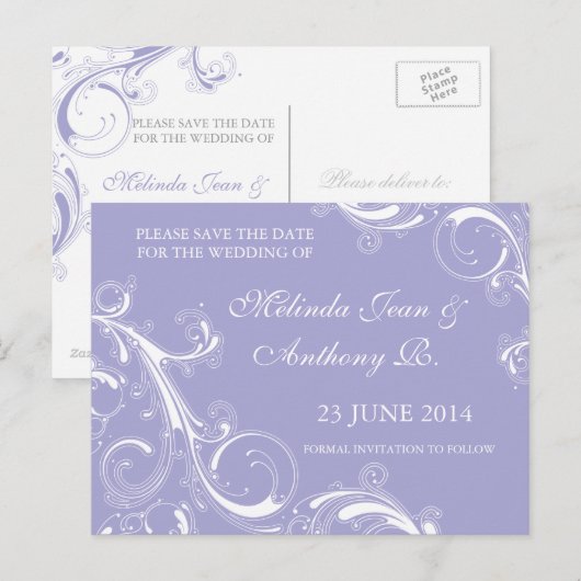 Filigree Swirl Lavender Save the Date Aankondigingskaart (Voorkant / Achterkant)