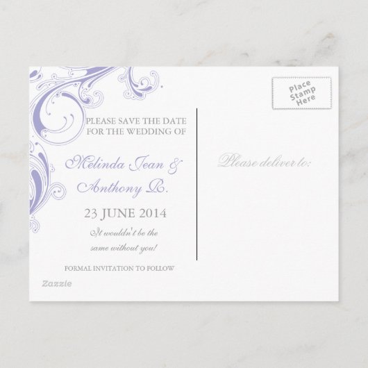 Filigree Swirl Lavender Save the Date Aankondigingskaart (Achterkant)
