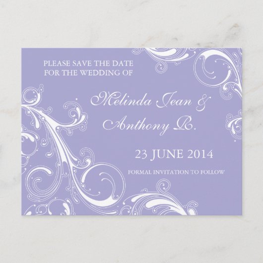 Filigree Swirl Lavender Save the Date Aankondigingskaart (Voorkant)