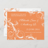 Filigree Swirl Oranje Save the Date Aankondigingskaart (Voorkant / Achterkant)