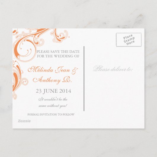 Filigree Swirl Oranje Save the Date Aankondigingskaart (Achterkant)