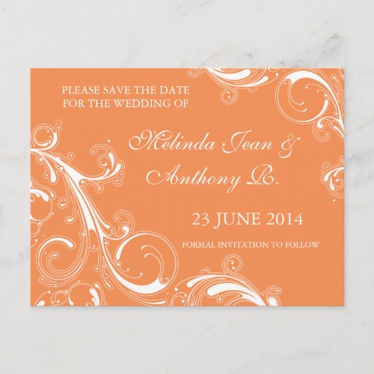 Filigree Swirl Oranje Save the Date Aankondigingskaart (Voorkant)