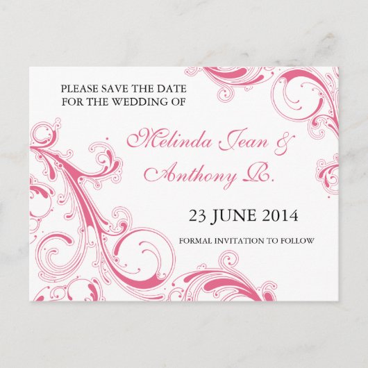 Filigree Swirl Pink Save the Date Aankondigingskaart (Voorkant)
