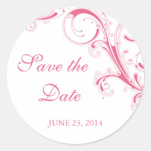 Filigree Swirl Pink Save the Date Ronde Sticker