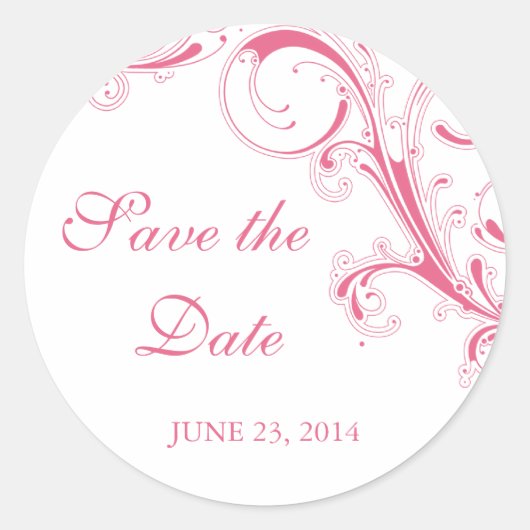 Filigree Swirl Pink Save the Date Ronde Sticker (Voorkant)