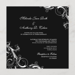 Filigree Swirl Zwart w / White Vierkante bruiloft Kaart