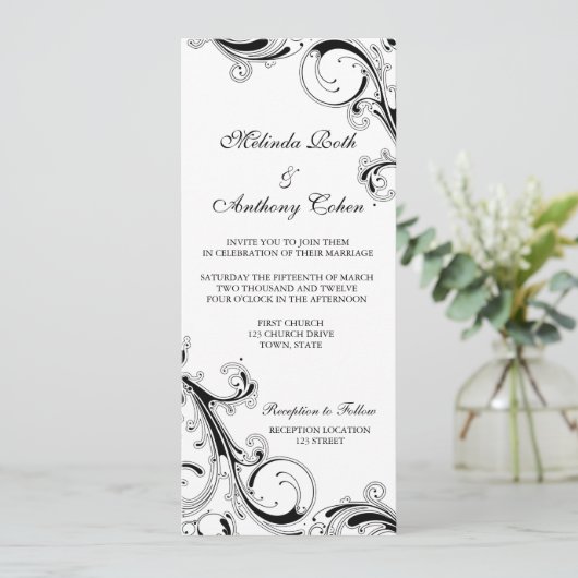 Filigree Swirl Zwart w/wit 4 x 9.25 Bruiloft Kaart (Staand voorkant)