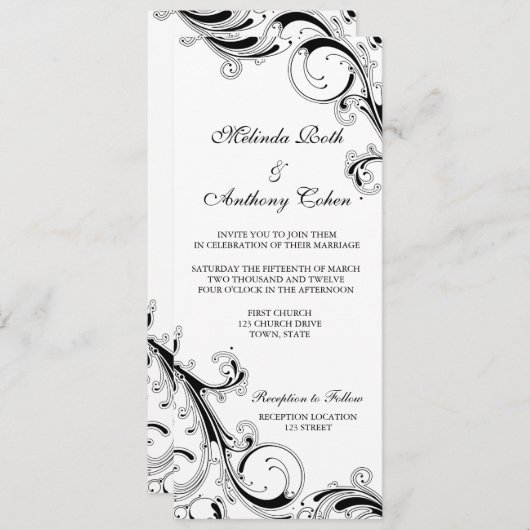 Filigree Swirl Zwart w/wit 4 x 9.25 Bruiloft Kaart (Voorkant / Achterkant)