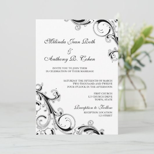 Filigree Swirl Zwart w / wit 5x7 bruiloft Kaart (Staand voorkant)