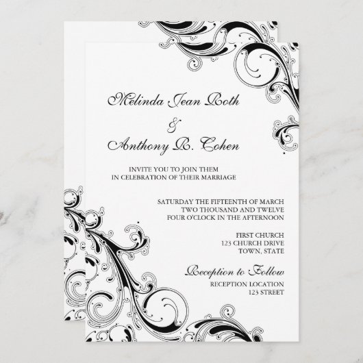 Filigree Swirl Zwart w / wit 5x7 bruiloft Kaart (Voorkant / Achterkant)