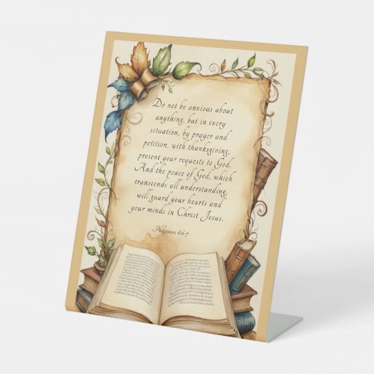 Filipenzen 4:6-7 Christelijke Bijbelvers Kunst Reclamebord Met Voetstuk (Voorkant)