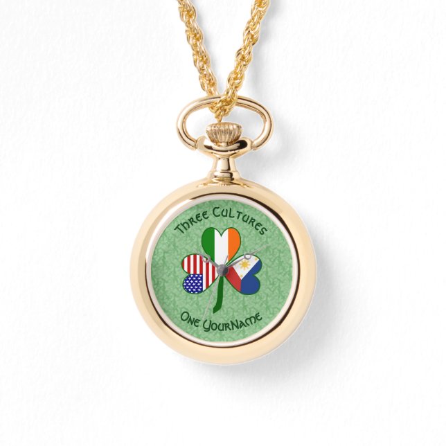 Filipino Irish American Flags Shamrock Jouw naam Horloge (Voorkant)