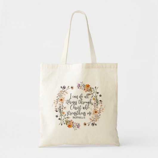 Filippenzen 4:13 Bijbel Schrift Verse Bloemen Boho Tote Bag (Voorkant)