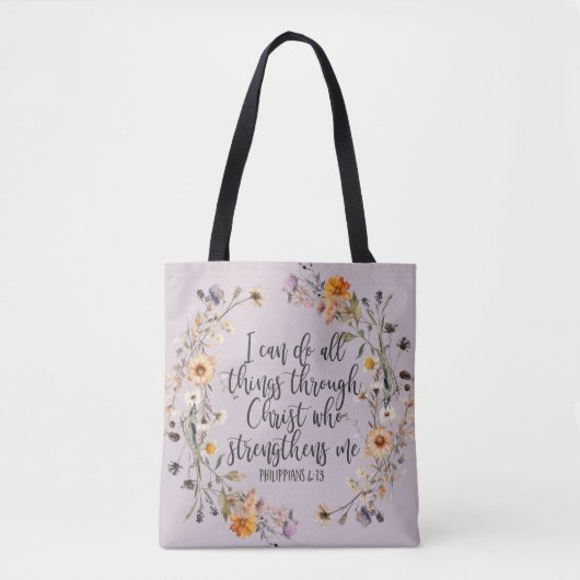 Filippenzen 4:13 Bijbel Schrift Verse Bloemen Boho Tote Bag (Voorkant)