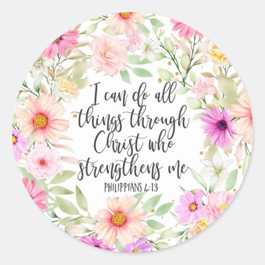 Filippenzen 4:13 Bijbel Schrift Verse Bloemen Ronde Sticker (Voorkant)