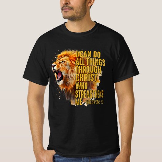 Filippenzen 4:13 De religieuze leeuw versterkt T-shirt (Voorkant)