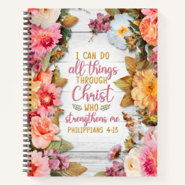 Filippenzen 4:13 met roze bloemen op hout notitieboek