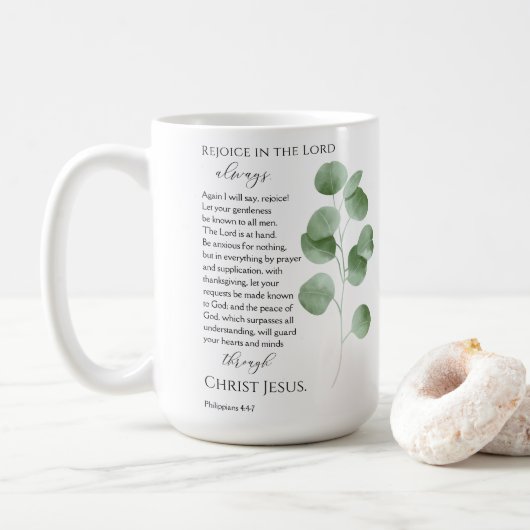 Filippenzen 4:4-7 Bijbelverzen Eucalyptusbladeren Koffiemok (Met donut)