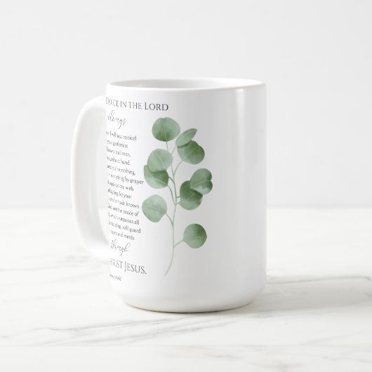 Filippenzen 4:4-7 Bijbelverzen Eucalyptusbladeren Koffiemok (Voorkant links)
