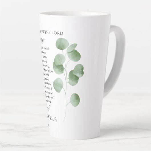 Filippenzen 4:4-7 Eucalyptus Leaf Bijbelvers Latte Mok (Rechterhoek)