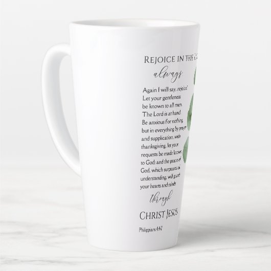 Filippenzen 4:4-7 Eucalyptus Leaf Bijbelvers Latte Mok (Linkerhoek)