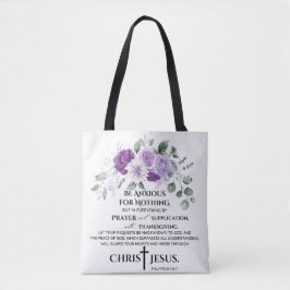 Filippenzen 4:6-7 Schrift Paarse bloemen Tote Bag