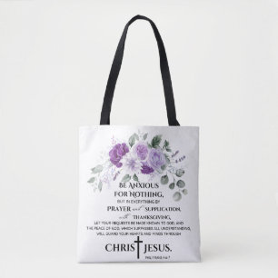 Filippenzen 4:6-7 Schrift Paarse bloemen Tote Bag