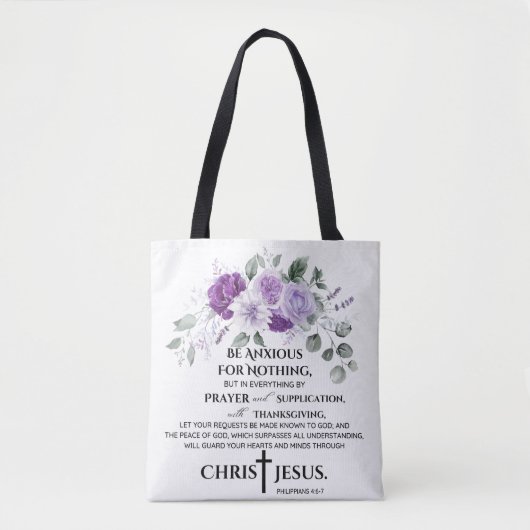Filippenzen 4:6-7 Schrift Paarse bloemen Tote Bag (Voorkant)