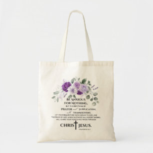Filippenzen 4:6-7 Schrift Paarse bloemen Tote Bag