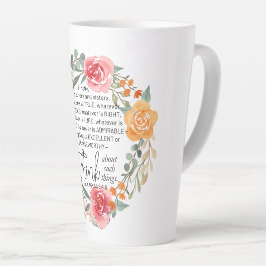 Filippenzen 4:8 Roze en gele bloemenkrans Latte Mok (Rechterhoek)