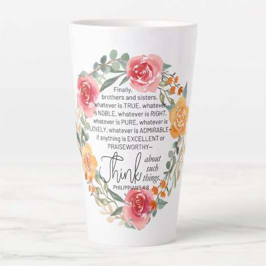 Filippenzen 4:8 Roze en gele bloemenkrans Latte Mok (Voorkant)