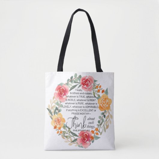 Filippenzen 4:8 Roze en gele bloemenkrans Tote Bag (Voorkant)