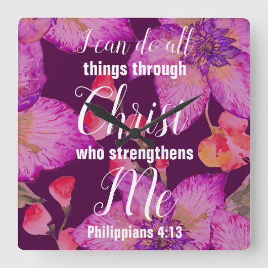 Filippijnen 4:13 Bijbelse Floral Vierkante Klok (Voorkant)