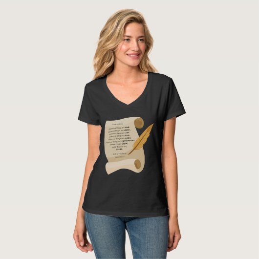 Filippijnen 4:8 Bijbel Quote Scroll Vrouwen V-Hals T-shirt (Voorkant volledig)