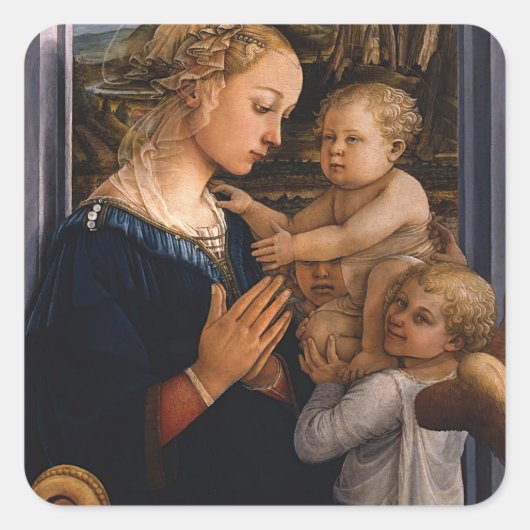 Filippo Lippi- Madonna en kind met twee engelen Vierkante Sticker (Voorkant)
