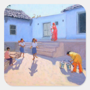 Filling Water Buckets Rajasthan India Vierkante Sticker