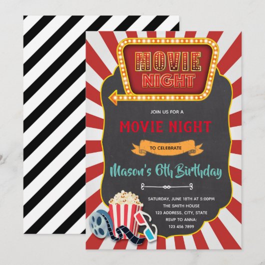  film avond verjaardagsfeestje uitnodiging (Voorkant / Achterkant)